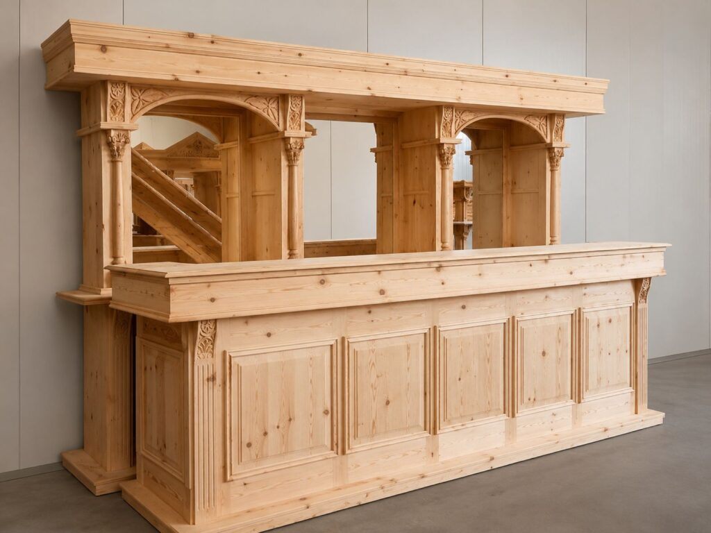Empire bar van 360 cm met achterkast in blank grenen