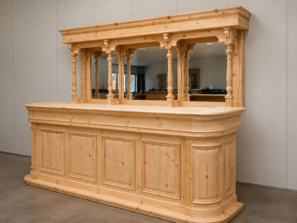 English bar van 360 cm met spiegelkast in blank grenen