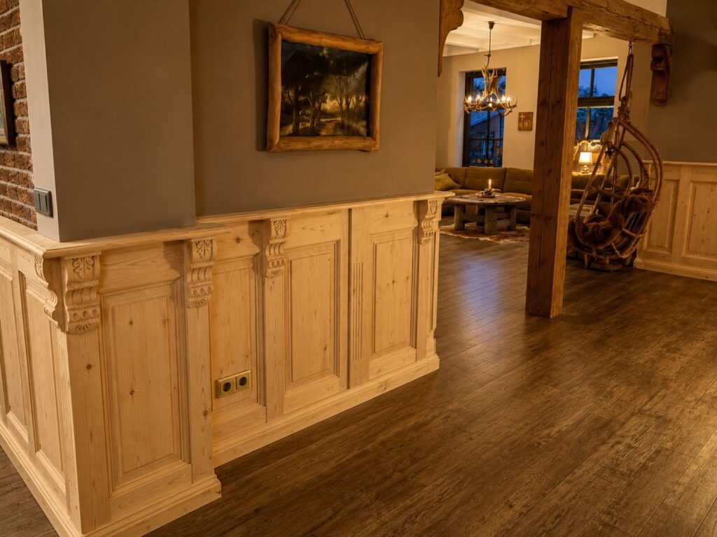Grenen lambrisering met pilasters in een woonkamer